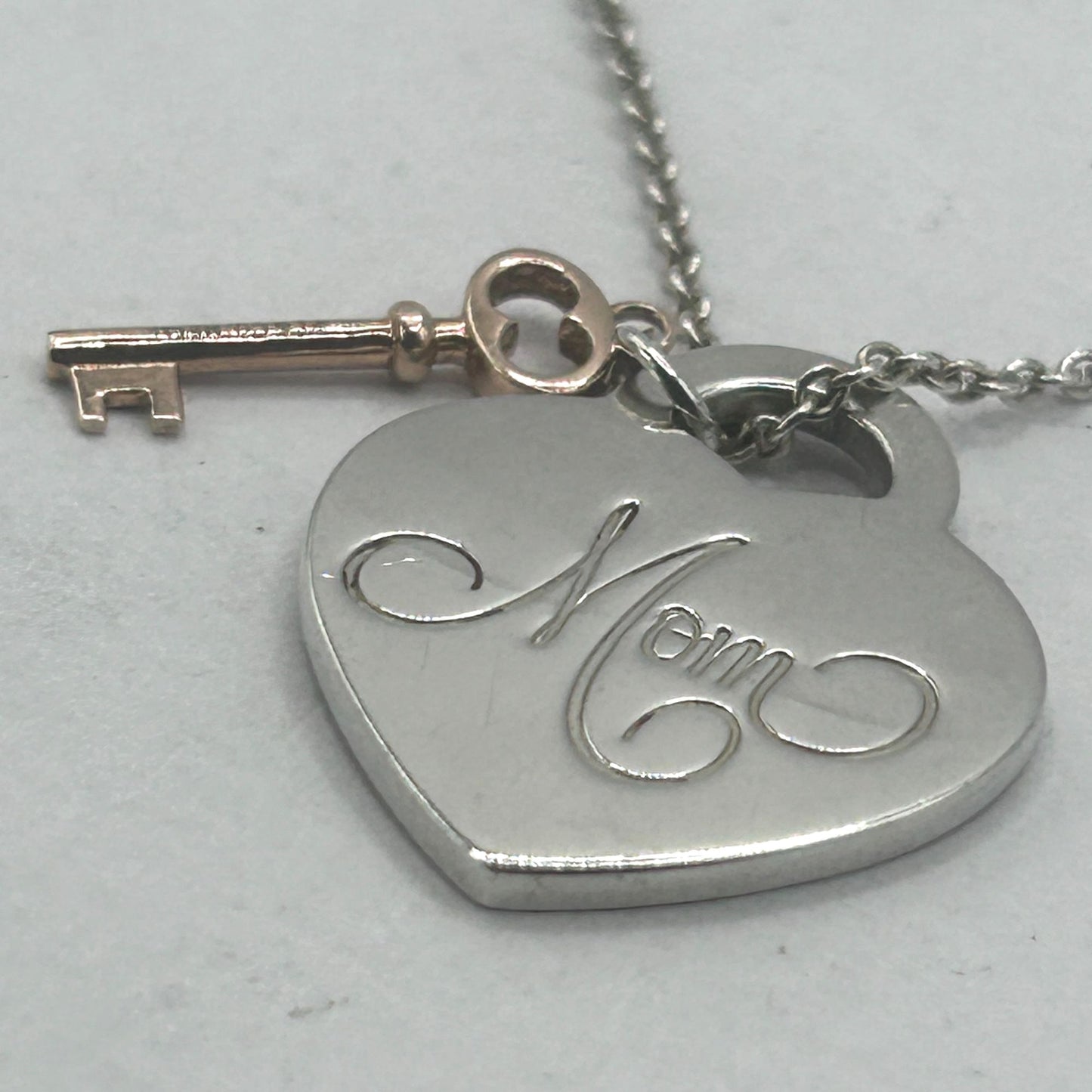 Tiffany & Co. 925 Sterling Silver 'Mom' Heart Pendant w Key 18" Necklace