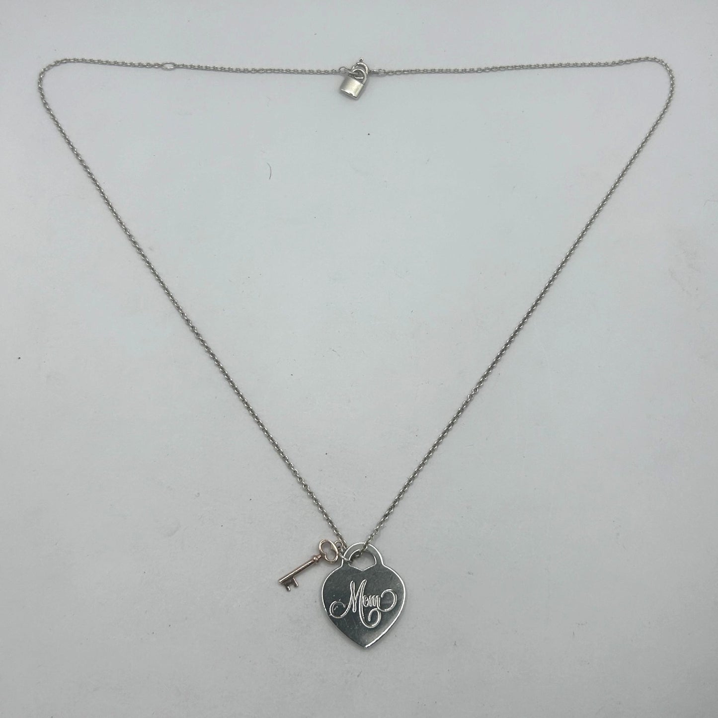 Tiffany & Co. 925 Sterling Silver 'Mom' Heart Pendant w Key 18" Necklace
