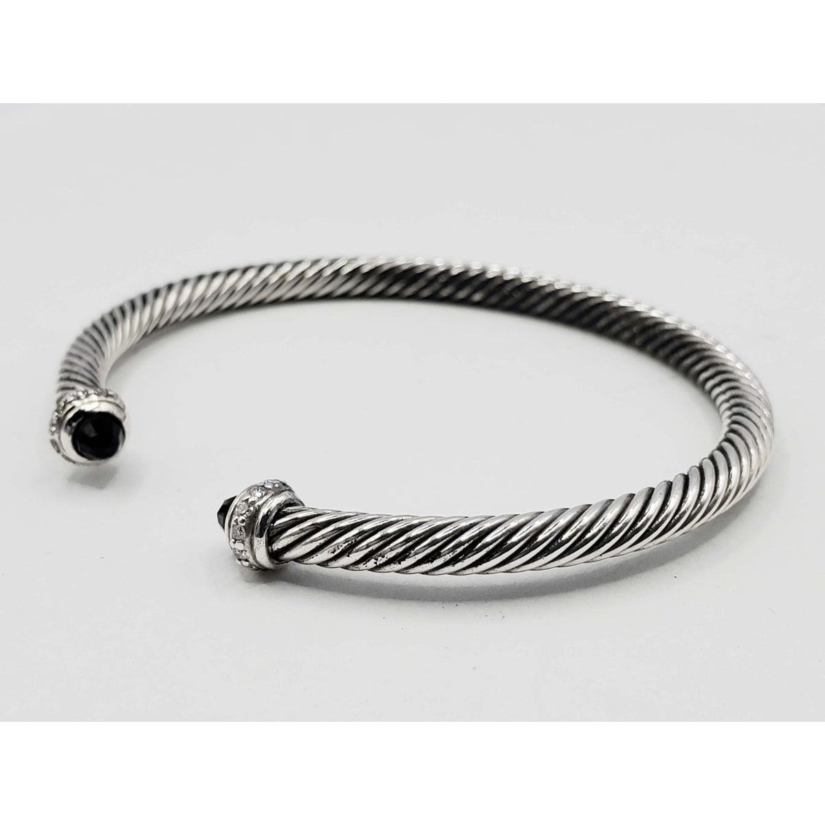 David Yurman Cable Flex Cuff Bracelet 4mm Onyx Diamond Sterling Silver Medium