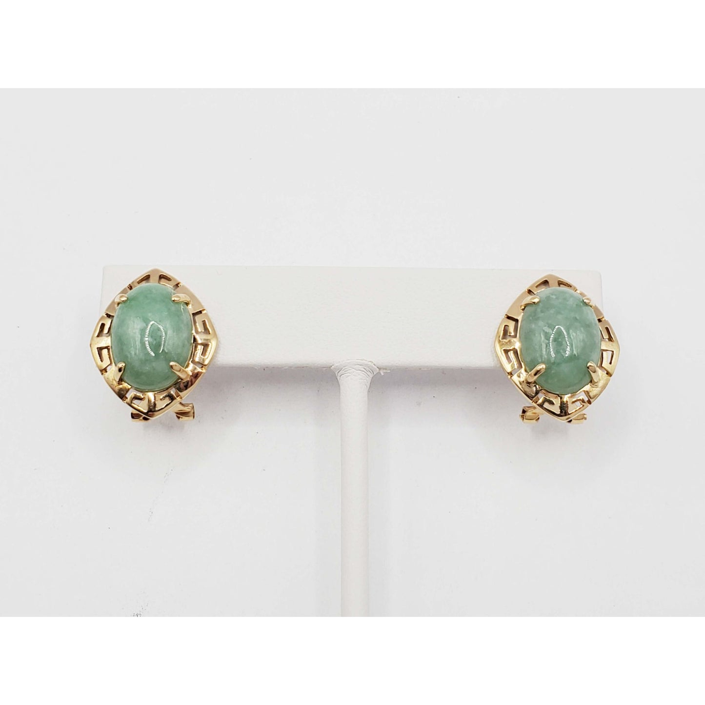 Oval Jade Cabochon Omega Clip Earrings 14k Gold