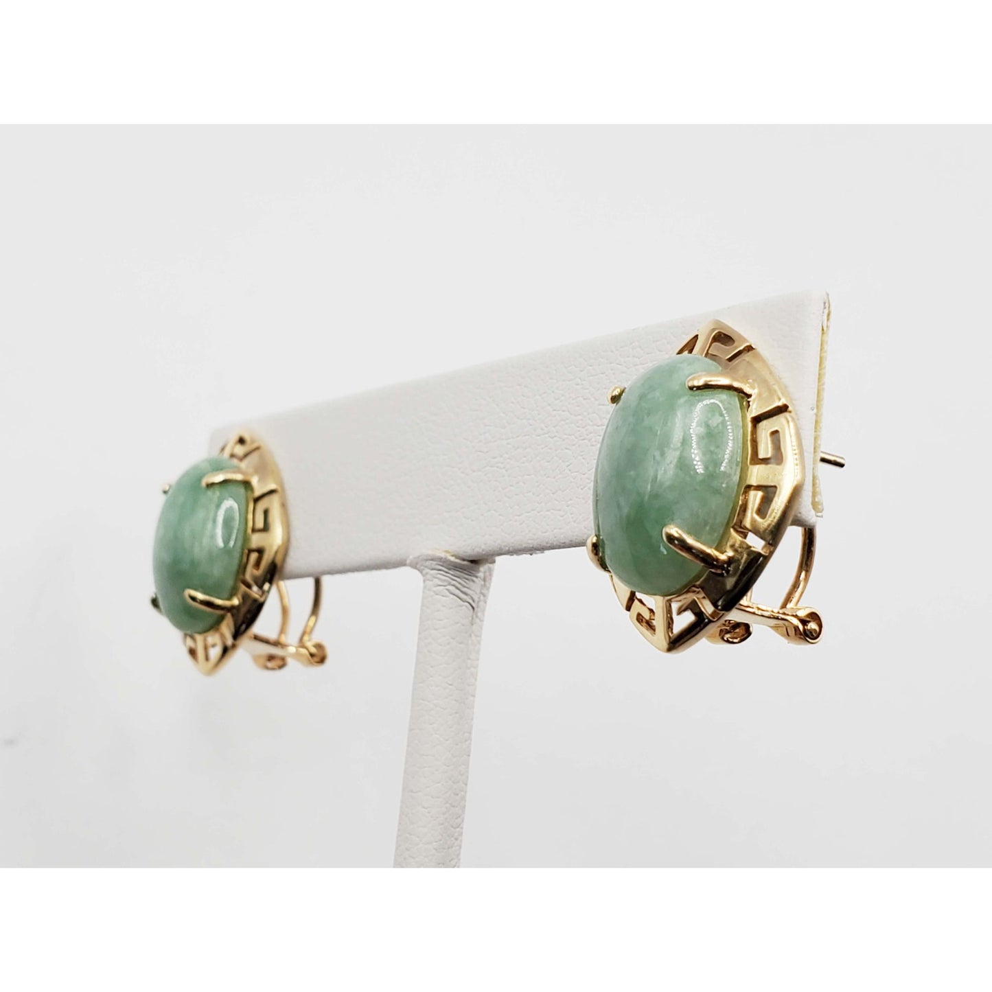 Oval Jade Cabochon Omega Clip Earrings 14k Gold