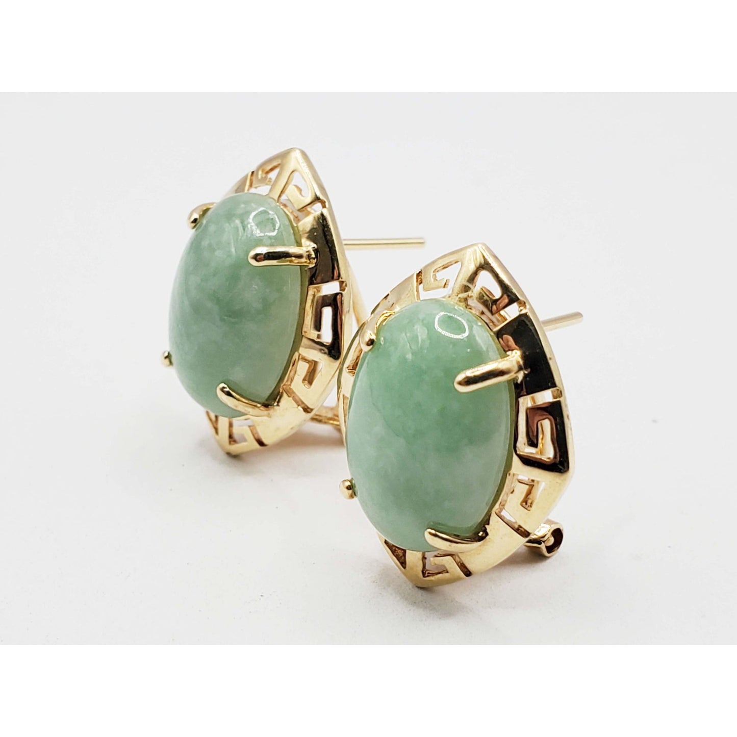Oval Jade Cabochon Omega Clip Earrings 14k Gold