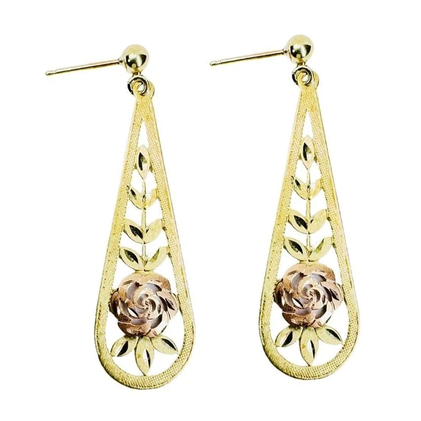 14k Multi-tone Gold Fine Etched Rose Dangle Earrings