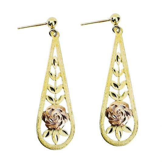 14k Multi-tone Gold Fine Etched Rose Dangle Earrings