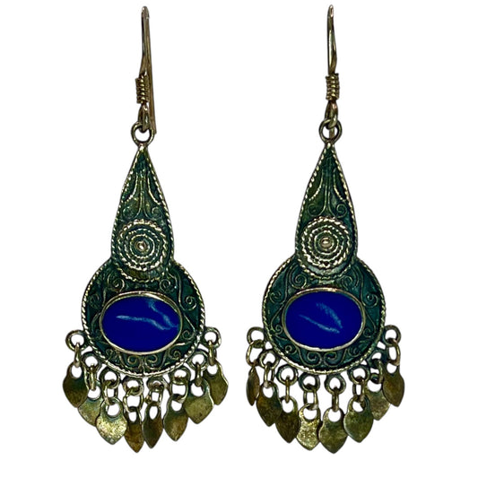 925 Sterling Silver Lapis Lazuli Dangle Drop Earrings Ornate Bali Blue Bohemian