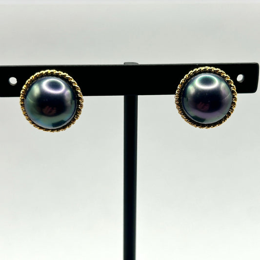 Majorica Euro-Clip Stud Earrings Purple Faux Pearl Round Gold Tone