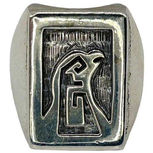 Hopi George Phillips Sterling Silver Overlay Eagle Ring - Size 12.25