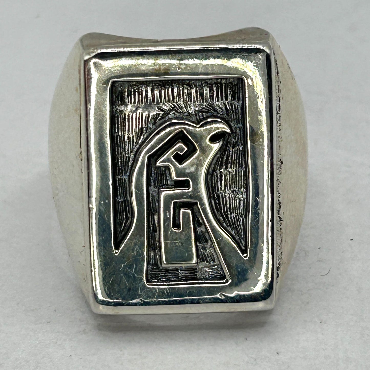 Hopi George Phillips Sterling Silver Overlay Eagle Ring - Size 12.25