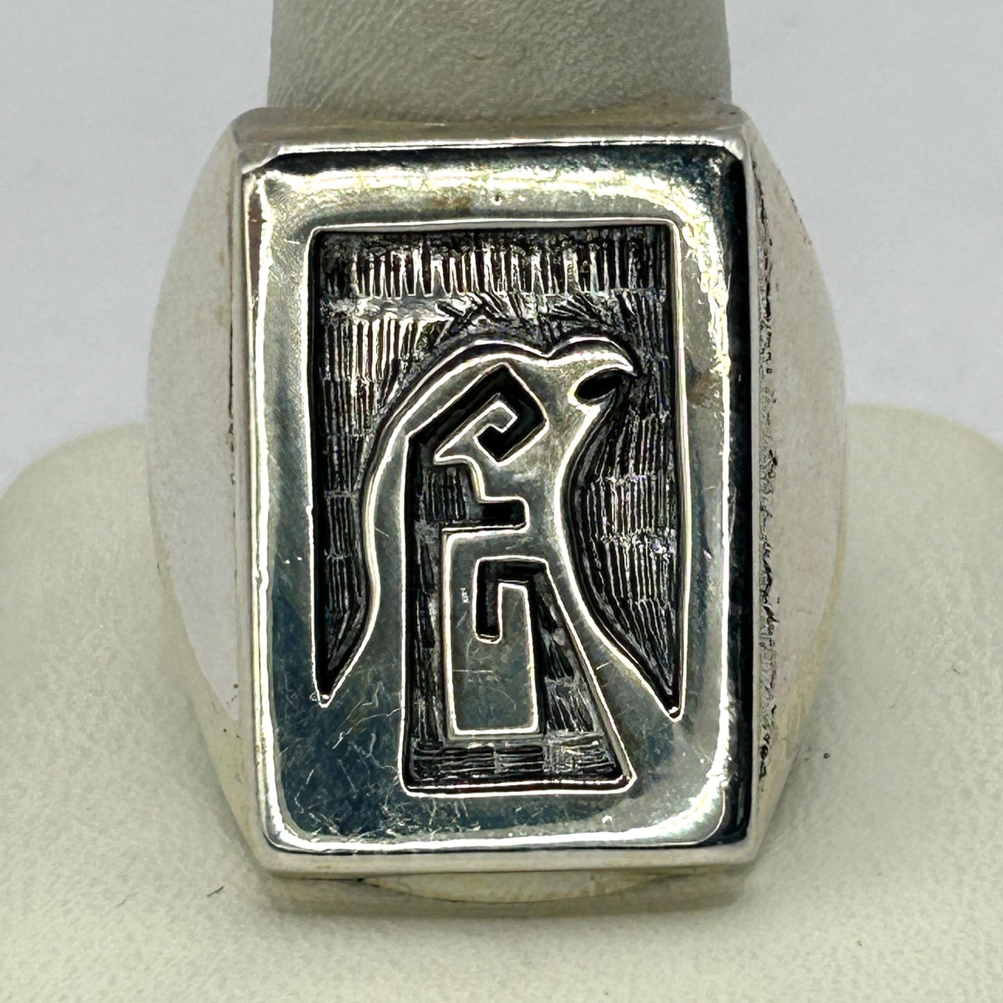 Hopi George Phillips Sterling Silver Overlay Eagle Ring - Size 12.25
