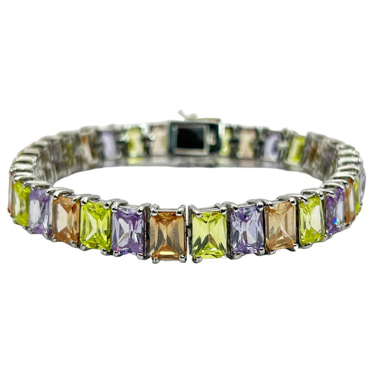 Colored CZ Rhodium Plated 925 Sterling Silver 7" Tennis Bracelet - 33 Stones