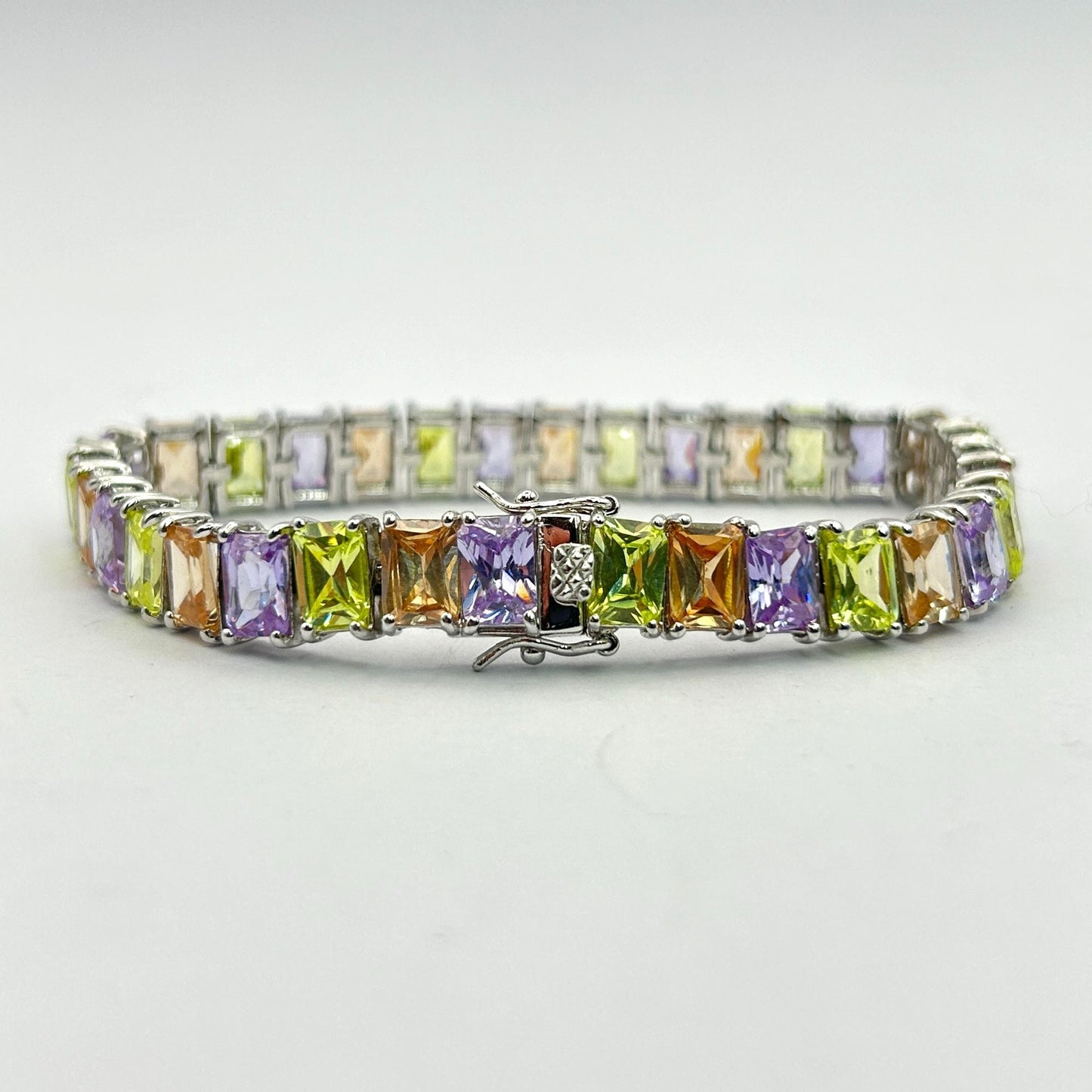 Colored CZ Rhodium Plated 925 Sterling Silver 7" Tennis Bracelet - 33 Stones