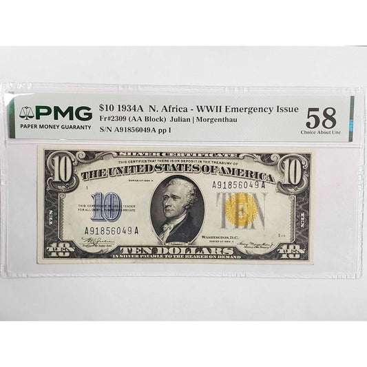 1934 $10 Silver Certificate WWII North Africa #A91856049A PMG 58 Choice Uncirc