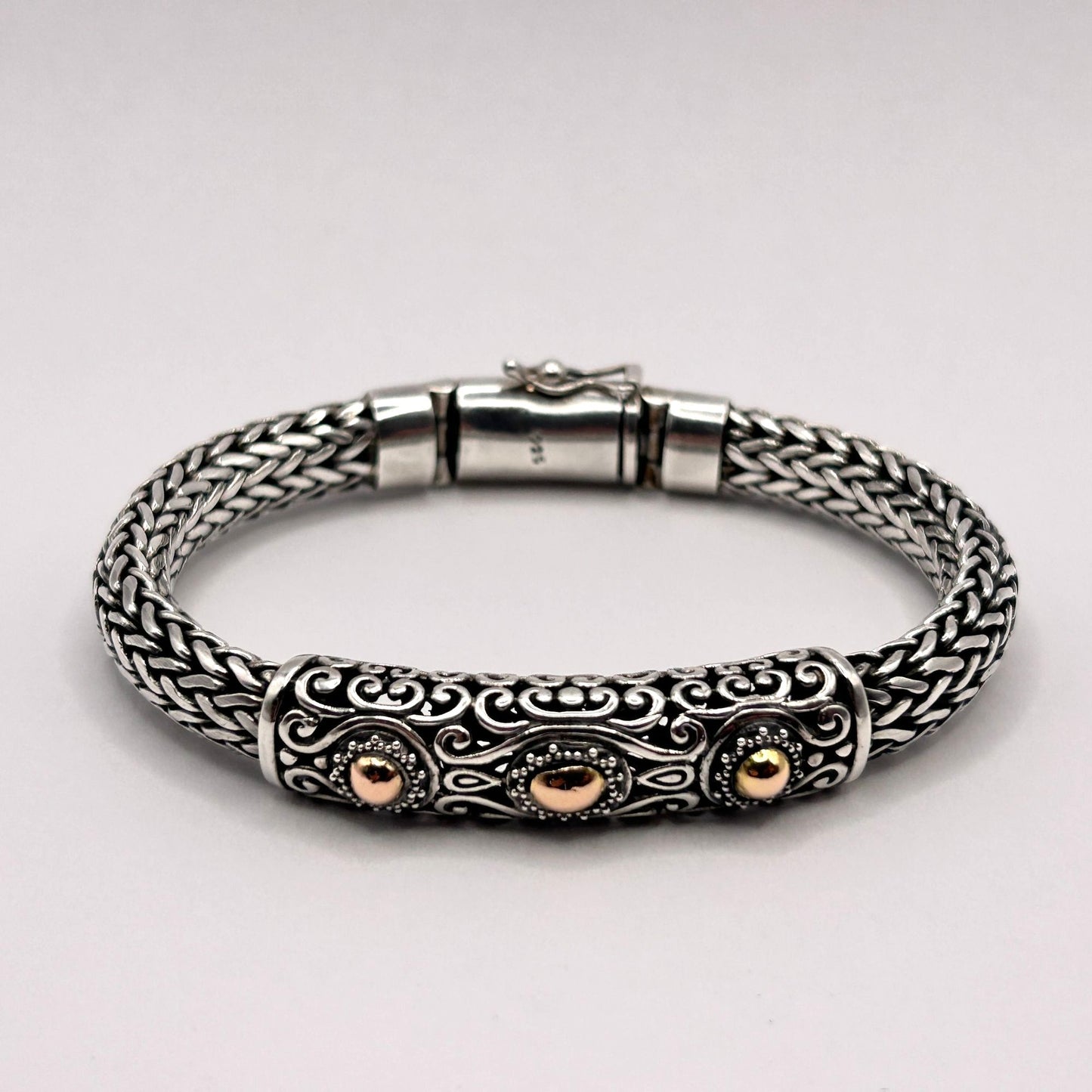 925 Sterling Silver Naga Chain Bracelet - Bali Engraving & Gold Tone Dots 68.5g