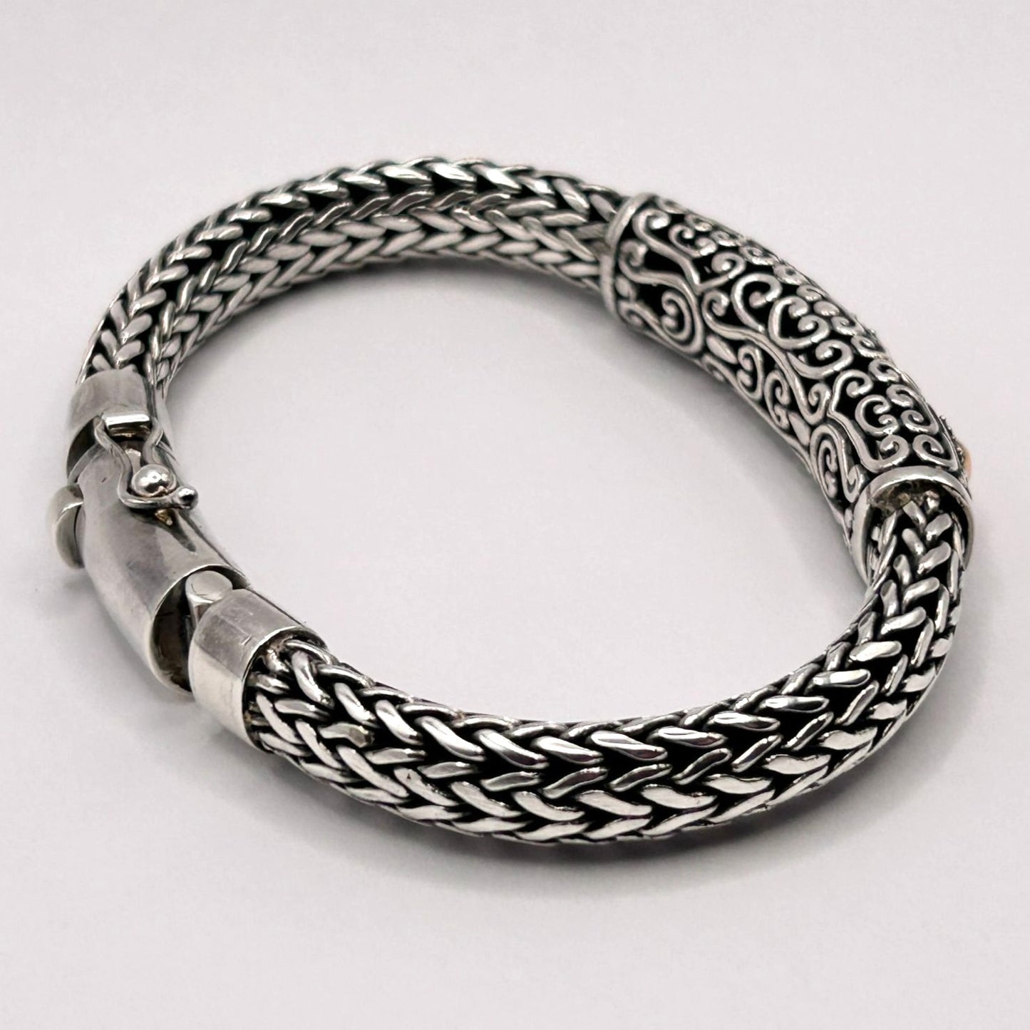 925 Sterling Silver Naga Chain Bracelet - Bali Engraving & Gold Tone Dots 68.5g