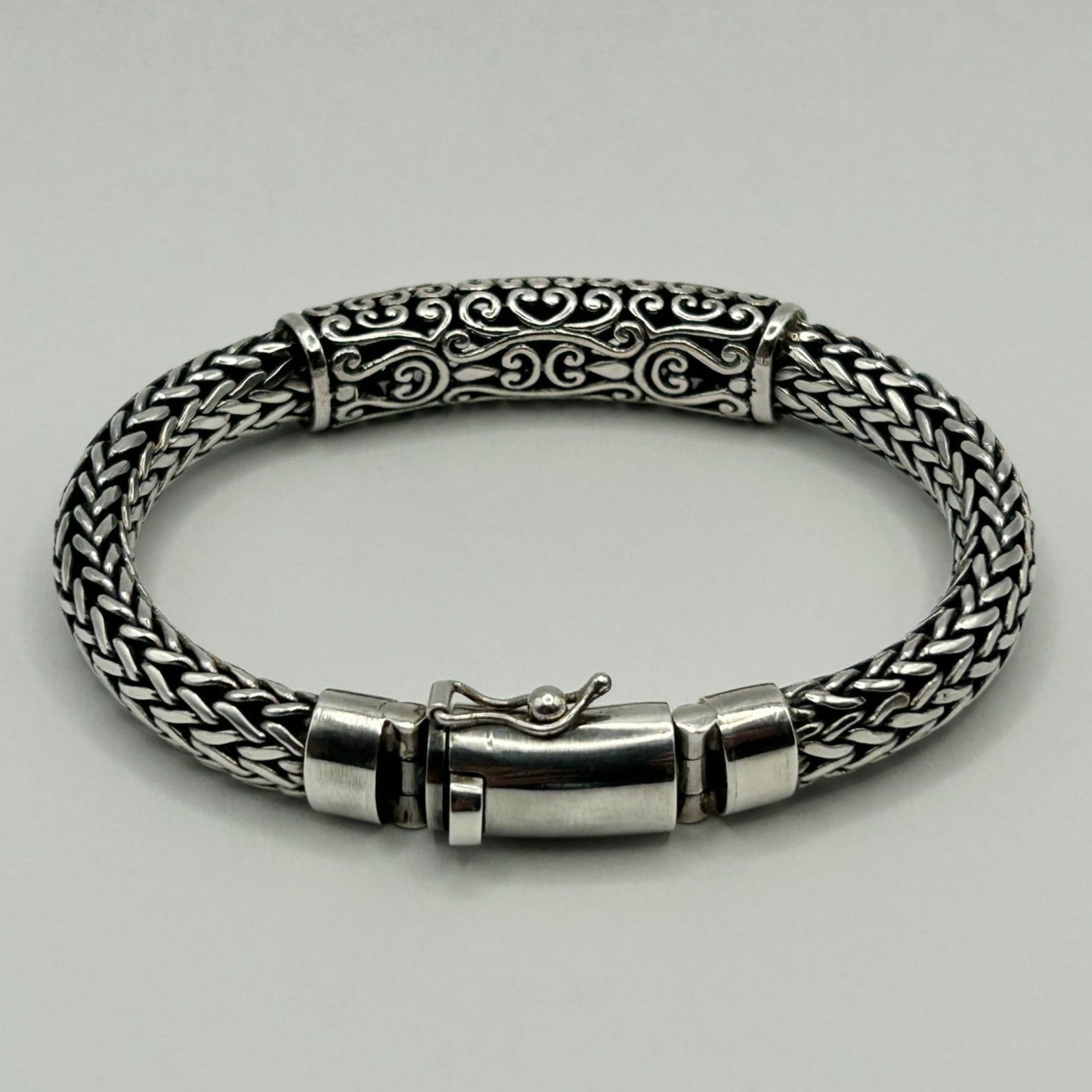 925 Sterling Silver Naga Chain Bracelet - Bali Engraving & Gold Tone Dots 68.5g