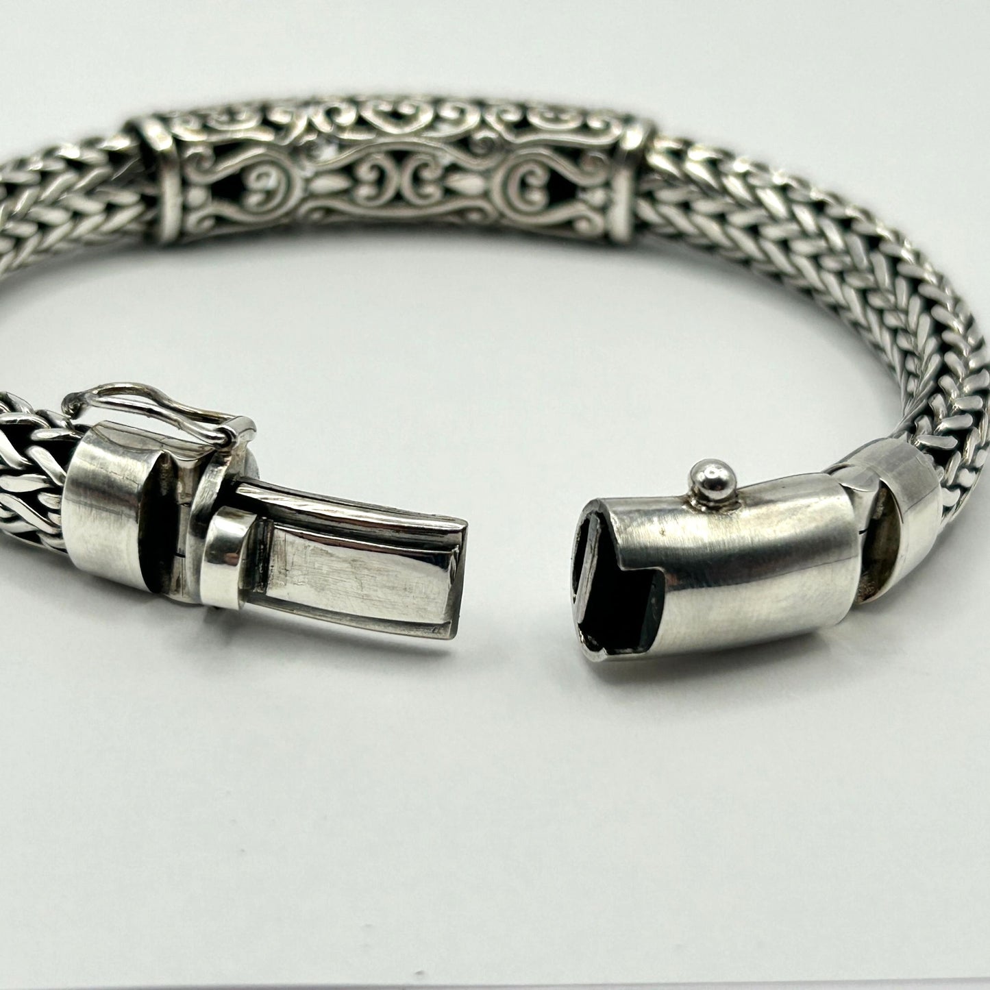 925 Sterling Silver Naga Chain Bracelet - Bali Engraving & Gold Tone Dots 68.5g
