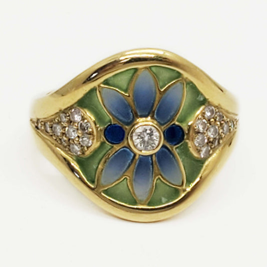 Masriera Art Nouveau Plique à Jour Enamel & Diamond Ring 18k Gold Size 8