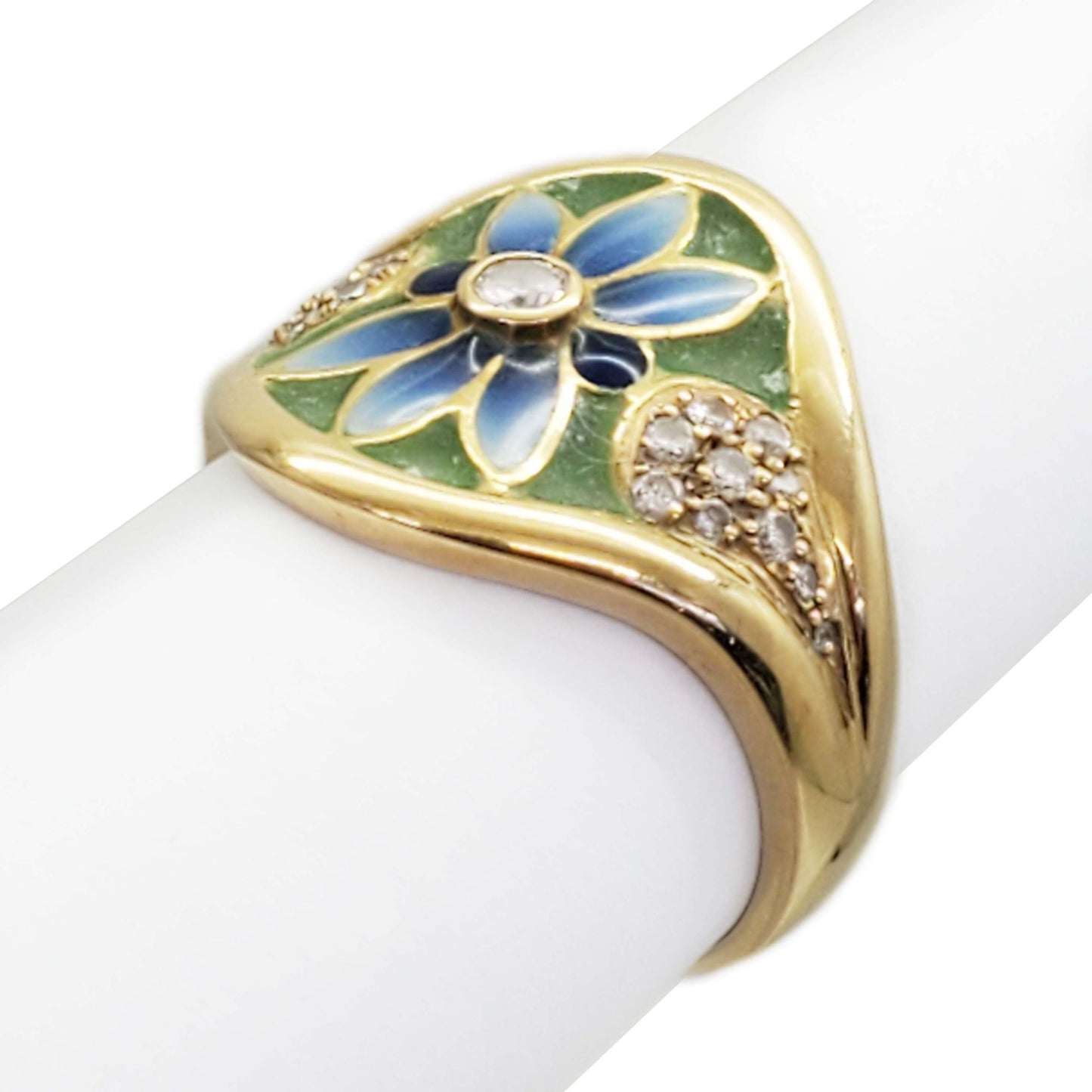 Masriera Art Nouveau Plique à Jour Enamel & Diamond Ring 18k Gold Size 8