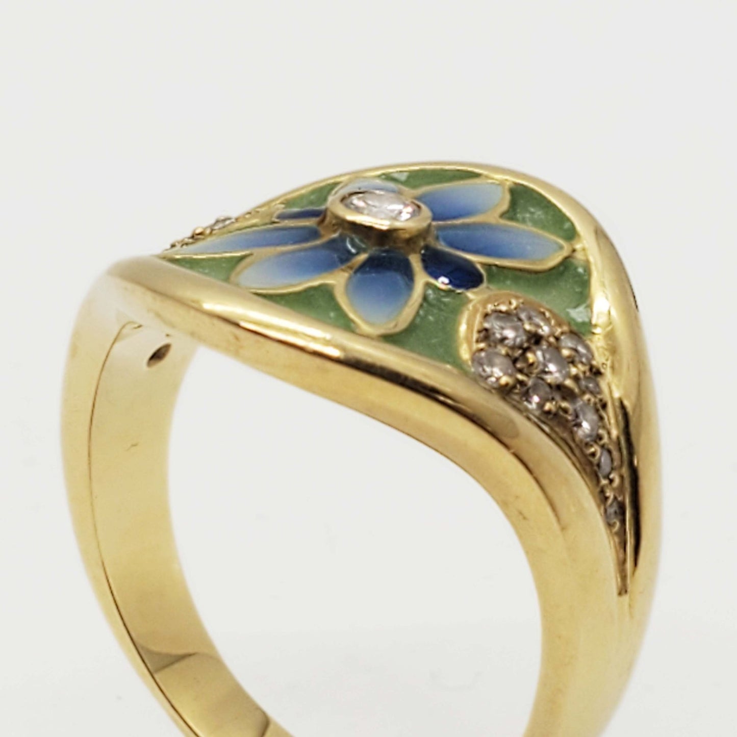 Masriera Art Nouveau Plique à Jour Enamel & Diamond Ring 18k Gold Size 8