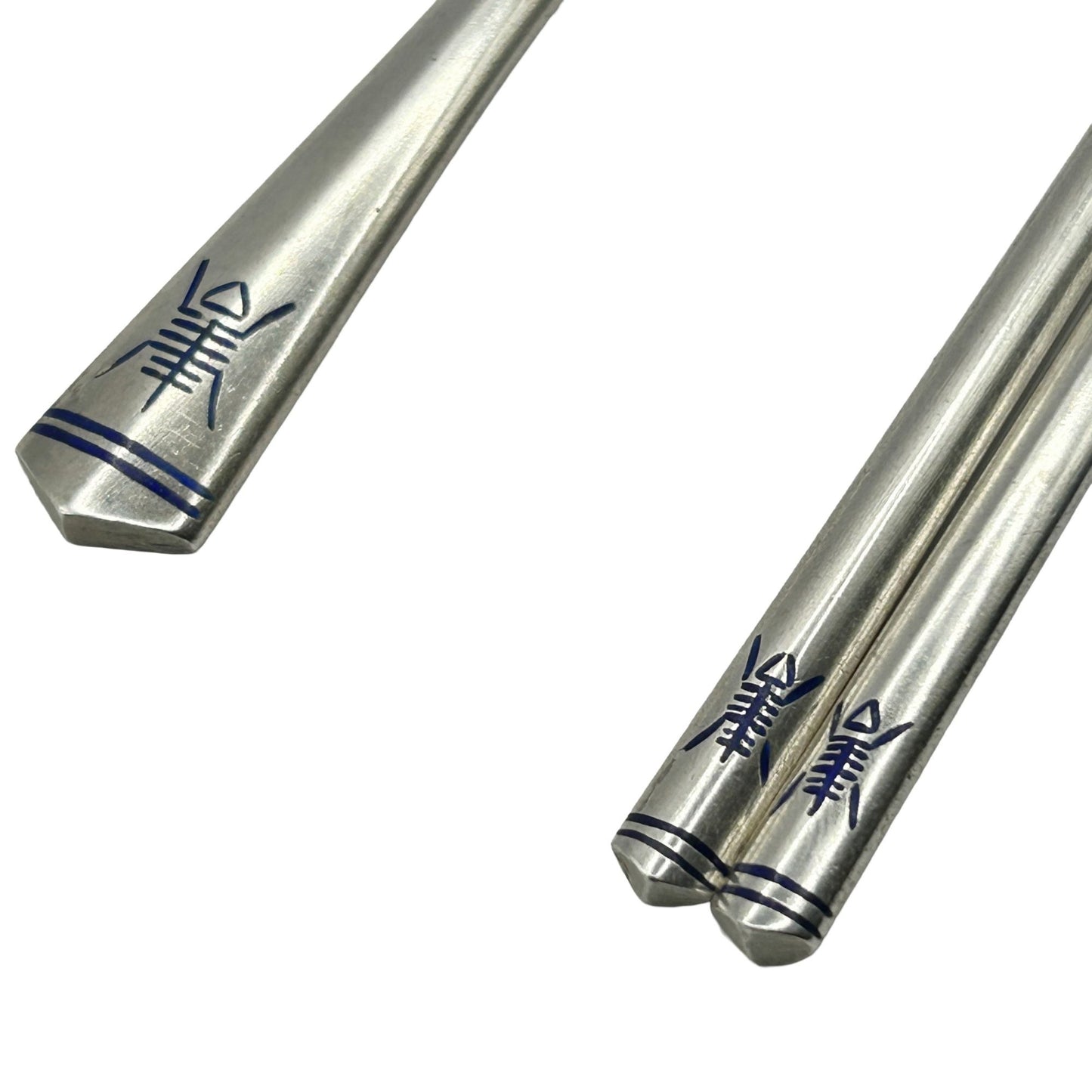 70% Silver Set of Blue Enamel Korean Chopsticks and Spoon