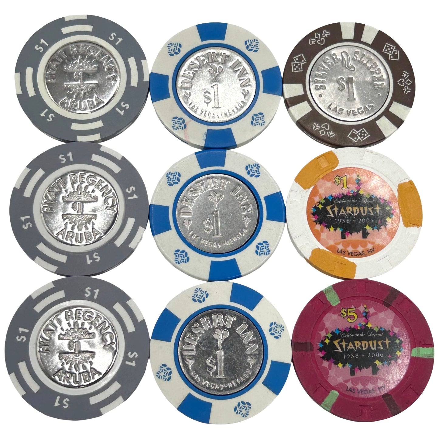 LOT of 9 Las Vegas Casino Chips $1/$5 Tokens - Stardust, Hyatt, Desert Inn, SS