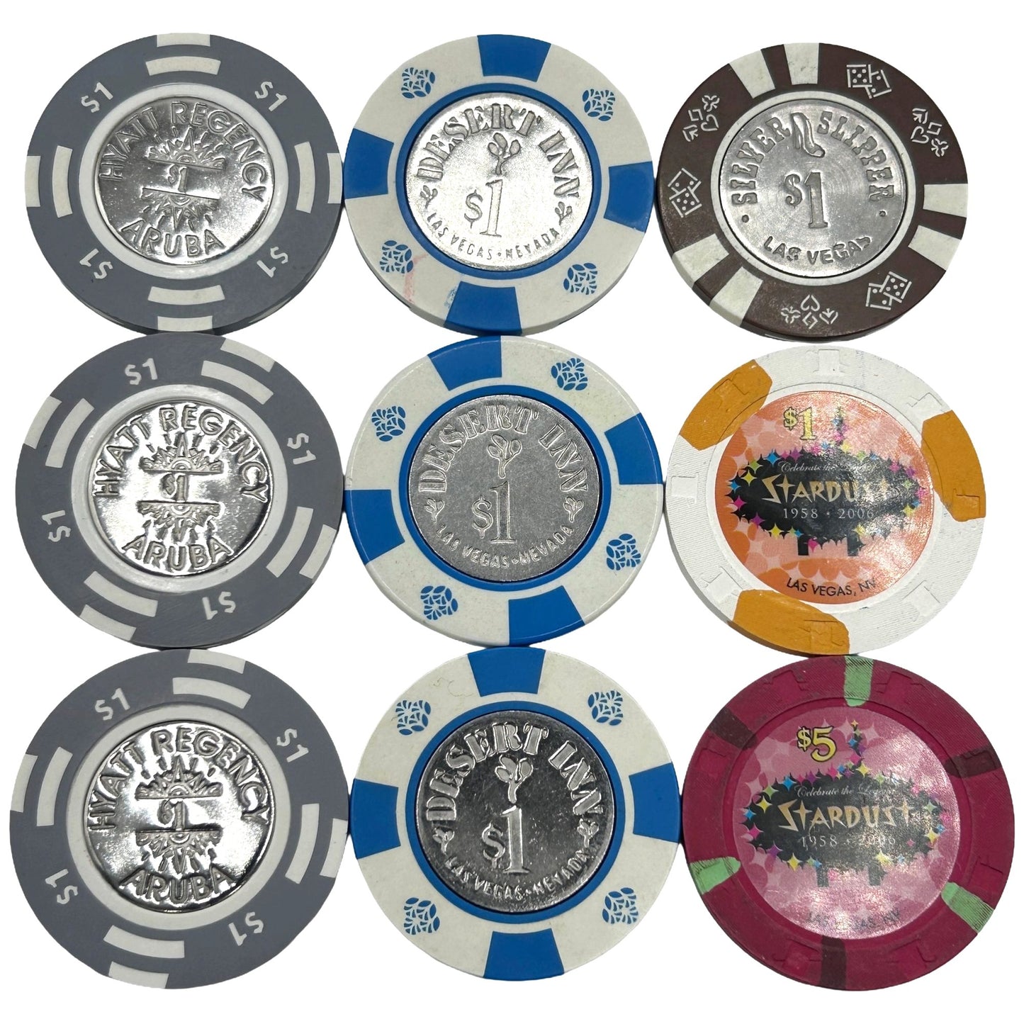 LOT of 9 Las Vegas Casino Chips $1/$5 Tokens - Stardust, Hyatt, Desert Inn, SS
