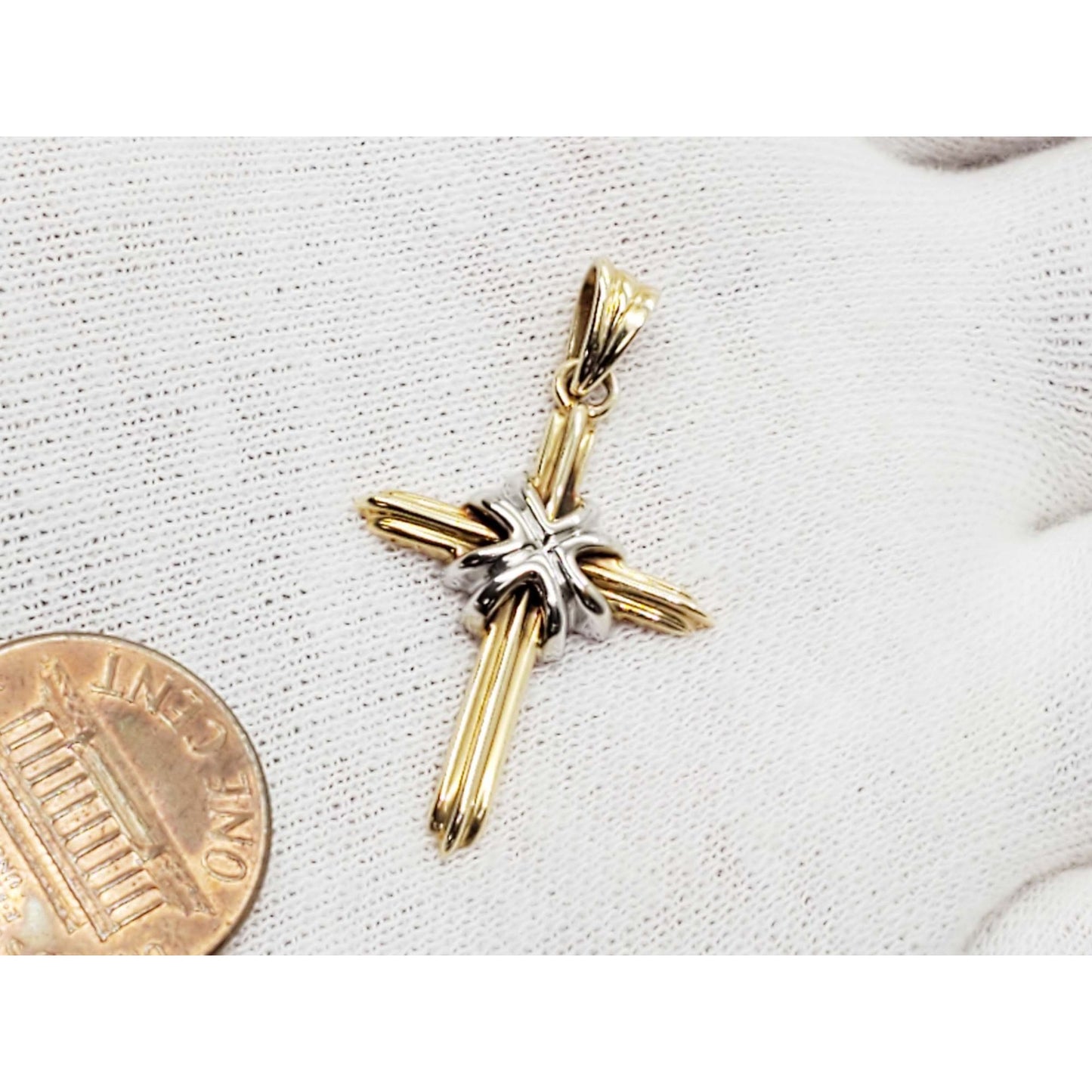 Ribbon Design Two-Tone Cross Pendant 14k Yellow & White Gold