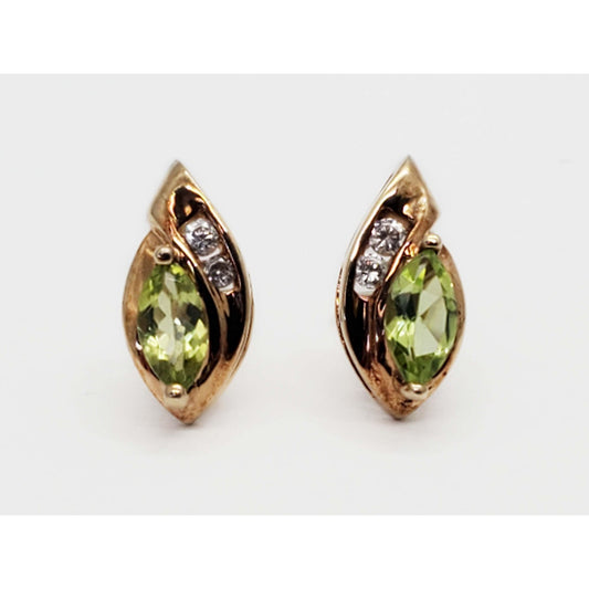 Marquise Natural Peridot & Diamond Accent Stud Earrings 10k Gold