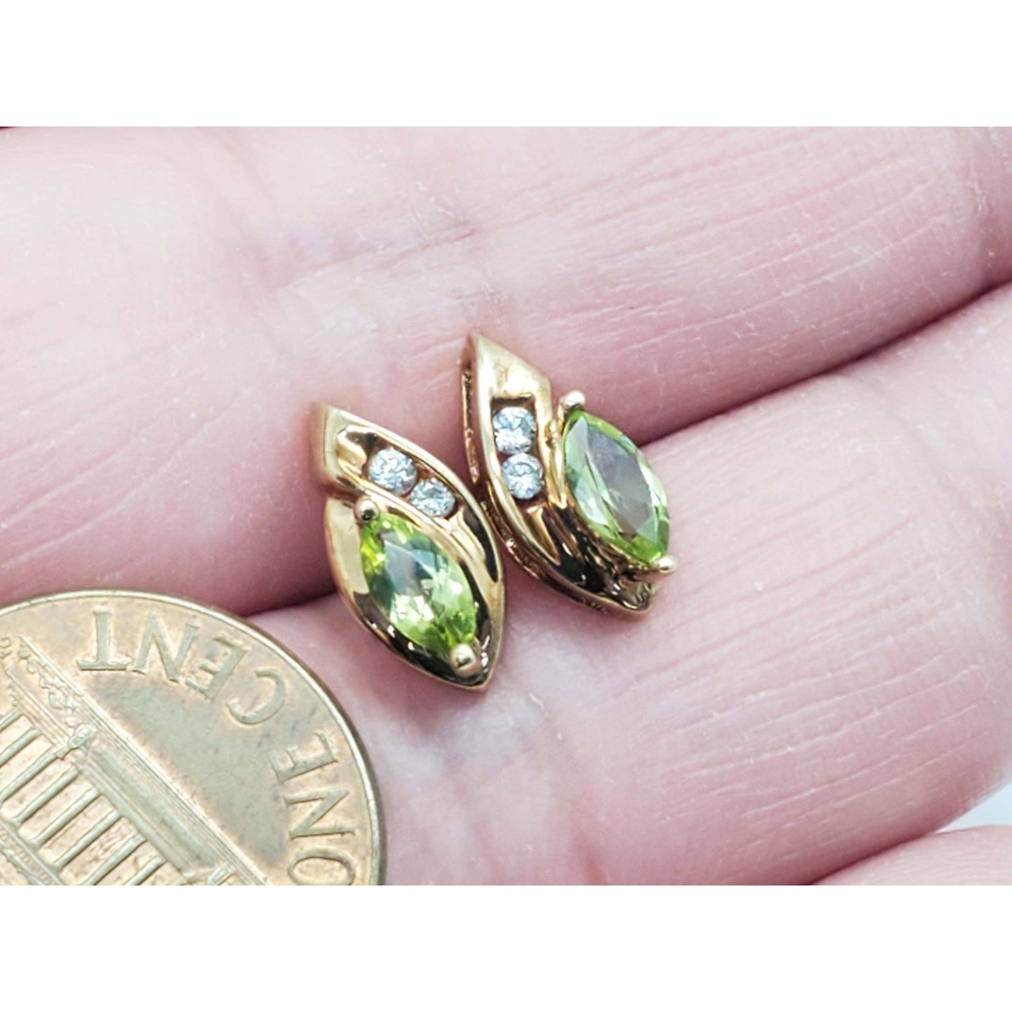 Marquise Natural Peridot & Diamond Accent Stud Earrings 10k Gold