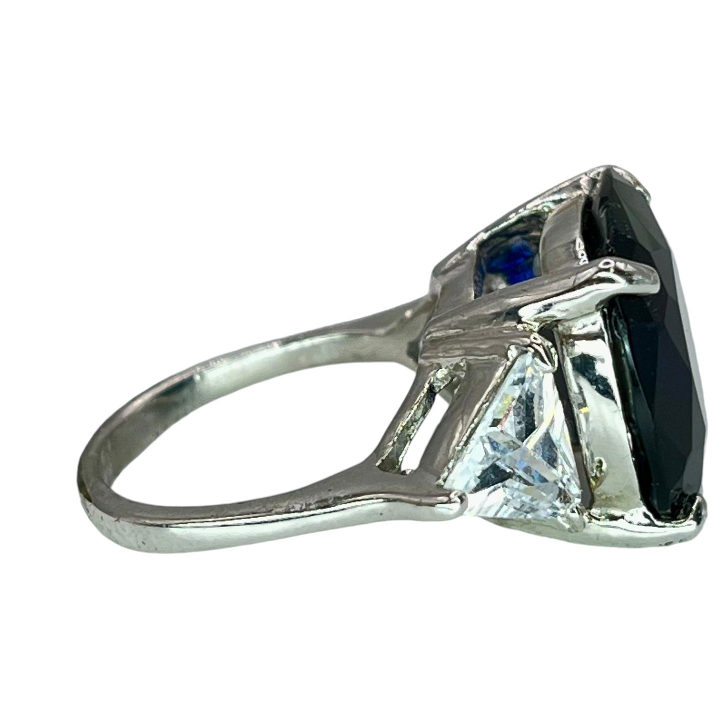 Silver Tone Faux Blue Sapphire Trillion CZ Stones Ring Size 7 Statement Chunky