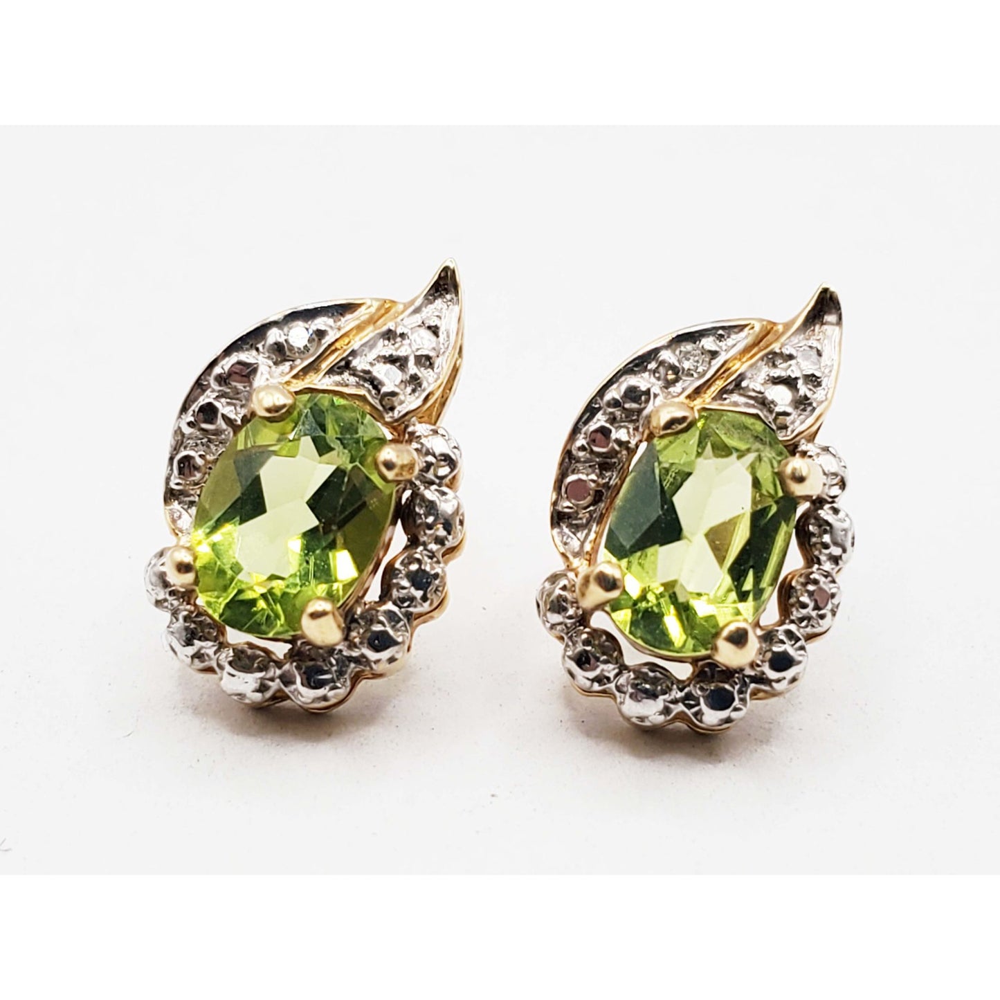 Oval Peridot & Diamond Teardrop Stud Earrings 14k Gold Mexico