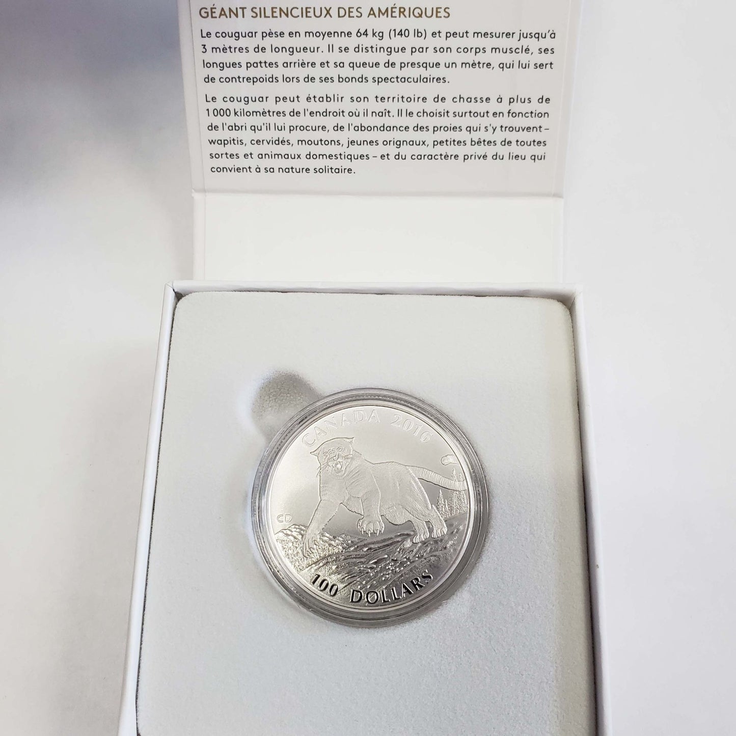 Royal Canadian Mint 2016 $100 1 oz .999 Fine Silver Cougar Coin w/Box