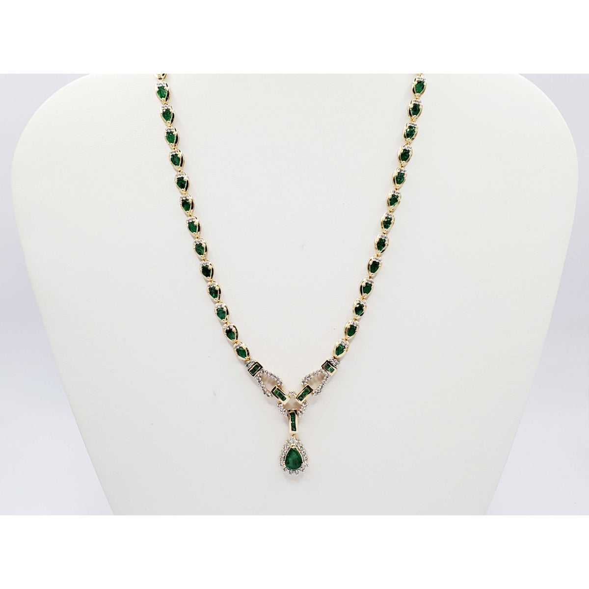 Emerald & Diamond Y-Drop Style Toggle Necklace 14k Gold 17.5" Long