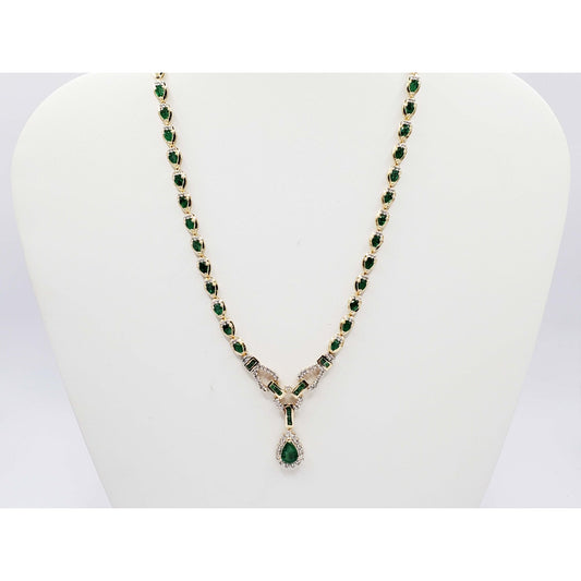 Emerald & Diamond Y-Drop Style Toggle Necklace 14k Gold 17.5" Long