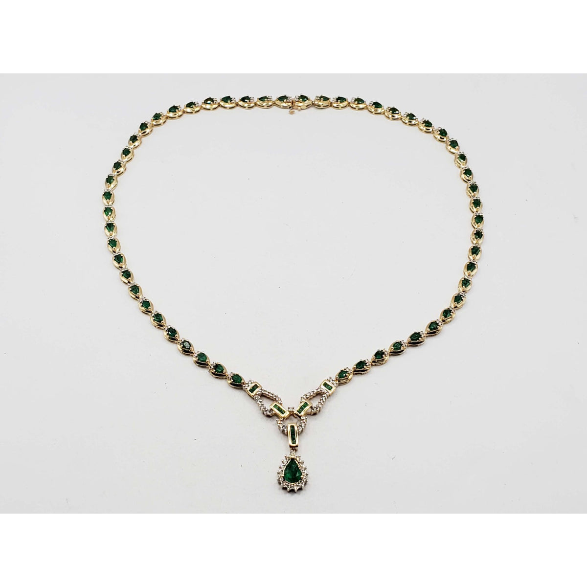 Emerald & Diamond Y-Drop Style Toggle Necklace 14k Gold 17.5" Long