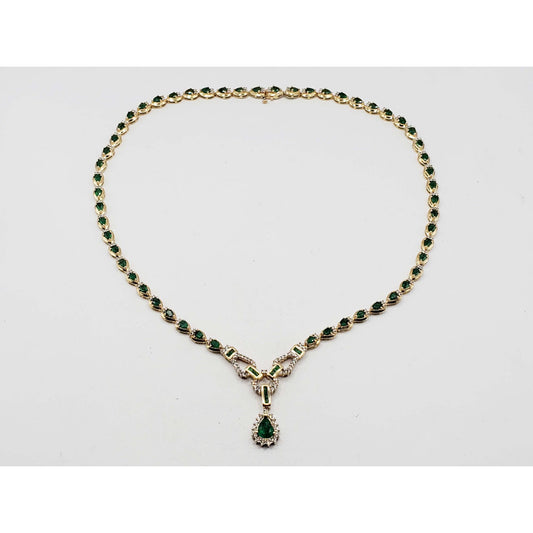 Emerald & Diamond Y-Drop Style Toggle Necklace 14k Gold 17.5" Long