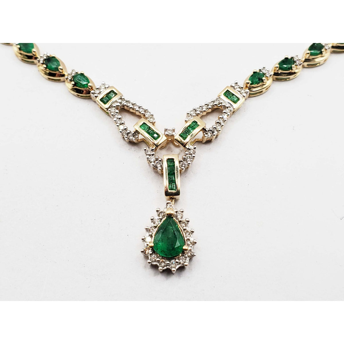 Emerald & Diamond Y-Drop Style Toggle Necklace 14k Gold 17.5" Long