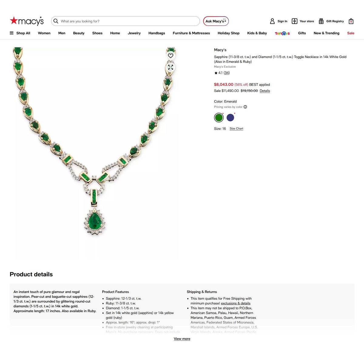 Emerald & Diamond Y-Drop Style Toggle Necklace 14k Gold 17.5" Long