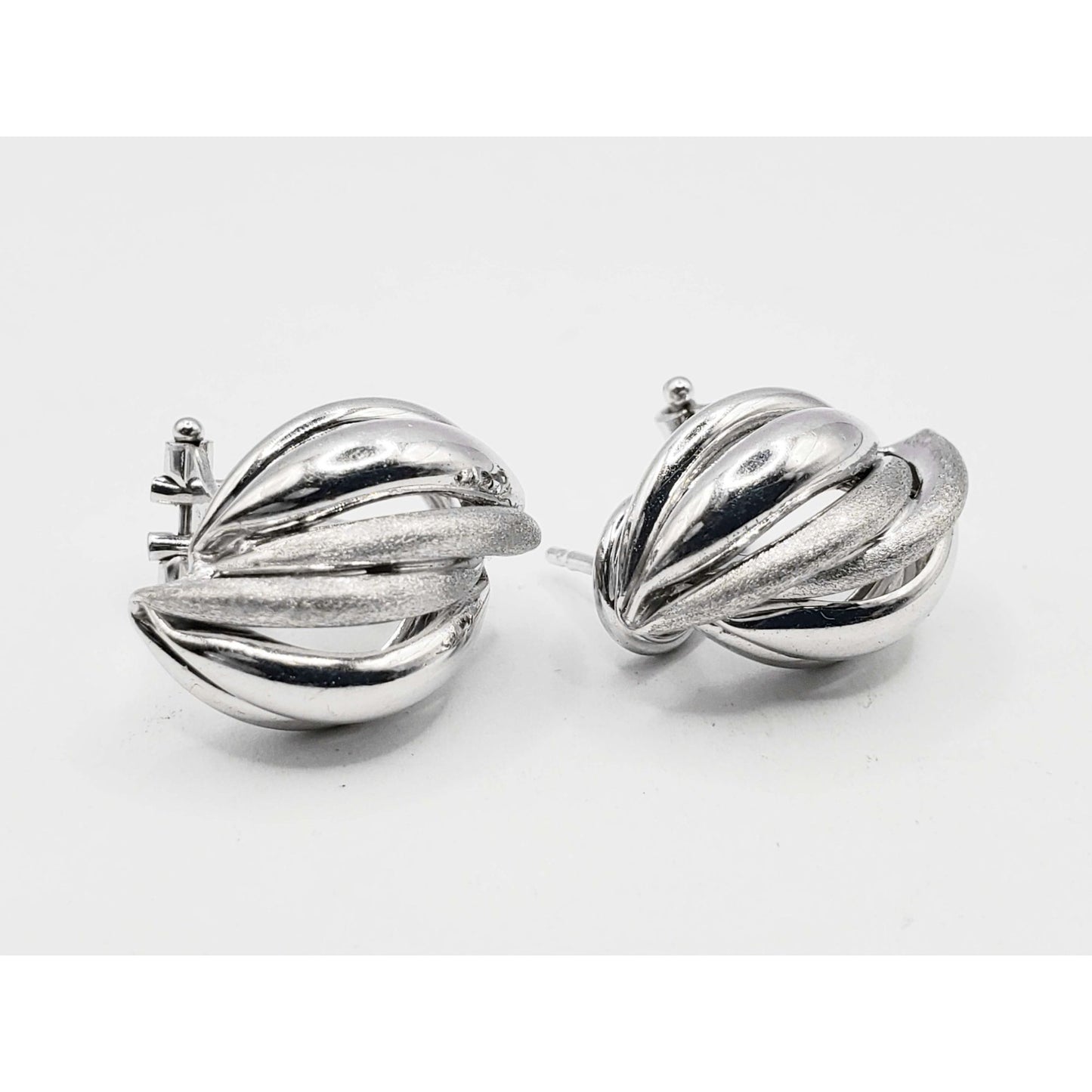 Italian Openwork Swirl Design Omega Earrings 14k White Gold