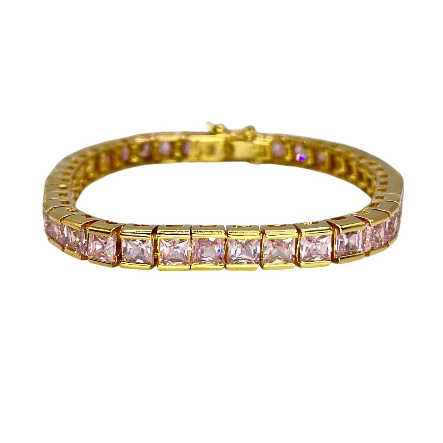 Sterling Silver Gold Vermeil Pink Ice Cubic Zirconia Princess Tennis Bracelet