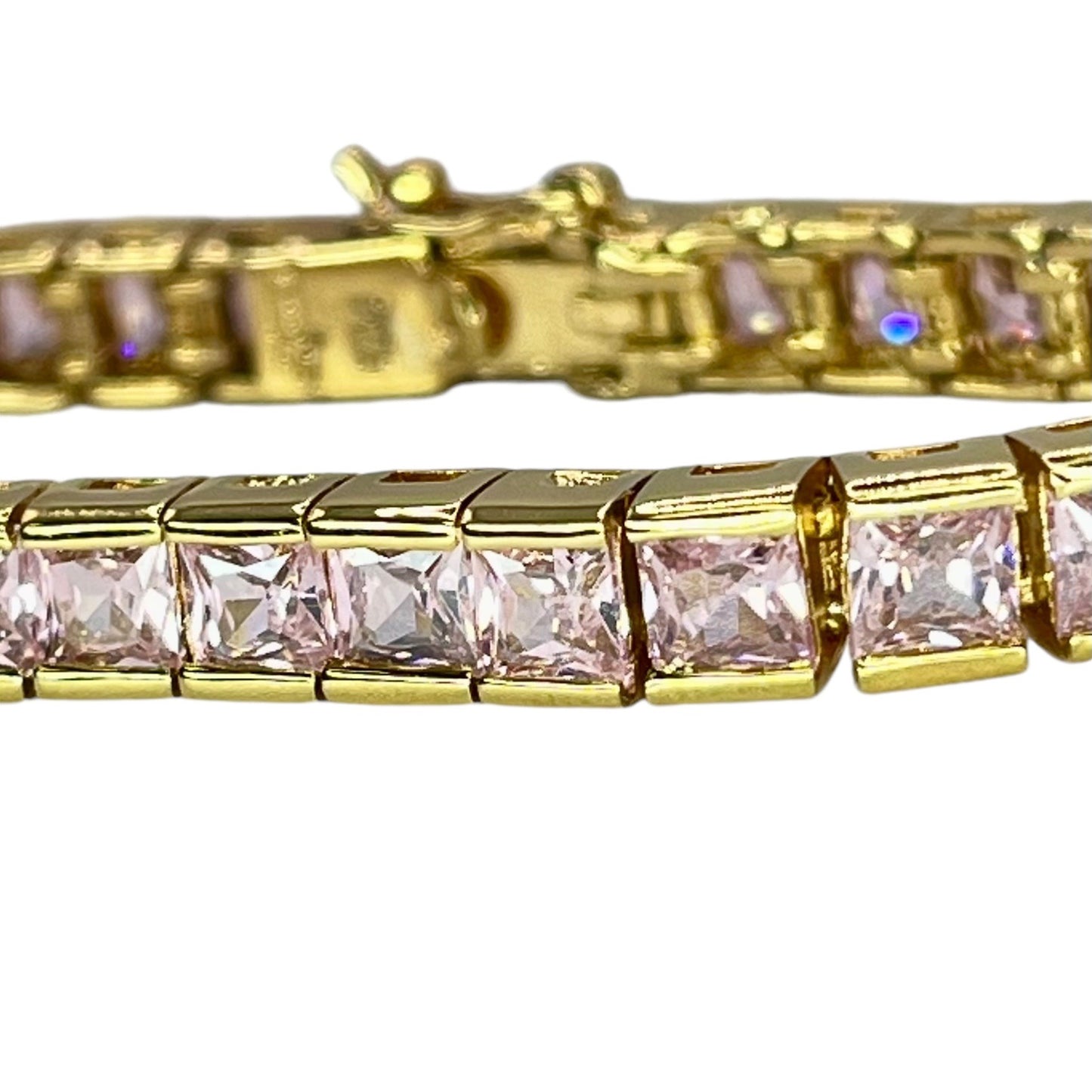 Sterling Silver Gold Vermeil Pink Ice Cubic Zirconia Princess Tennis Bracelet