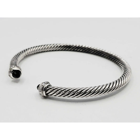 David Yurman Cable Flex Cuff Bracelet 4mm Onyx Diamond Sterling Silver Medium