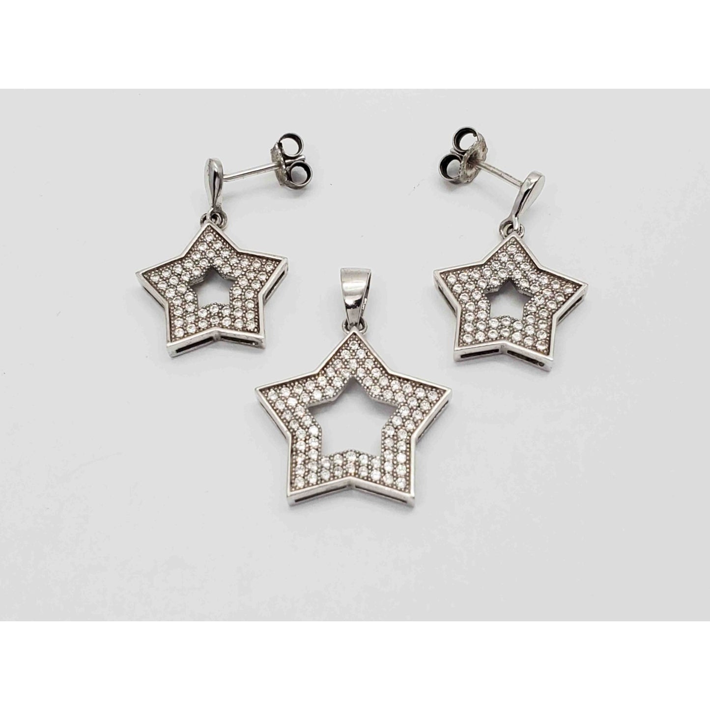 CZ Pave Open Star Drop Earrings & Pendant Set Sterling Silver