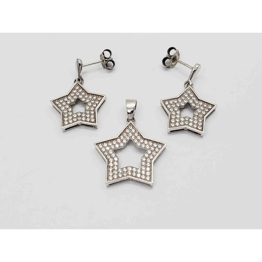 CZ Pave Open Star Drop Earrings & Pendant Set Sterling Silver