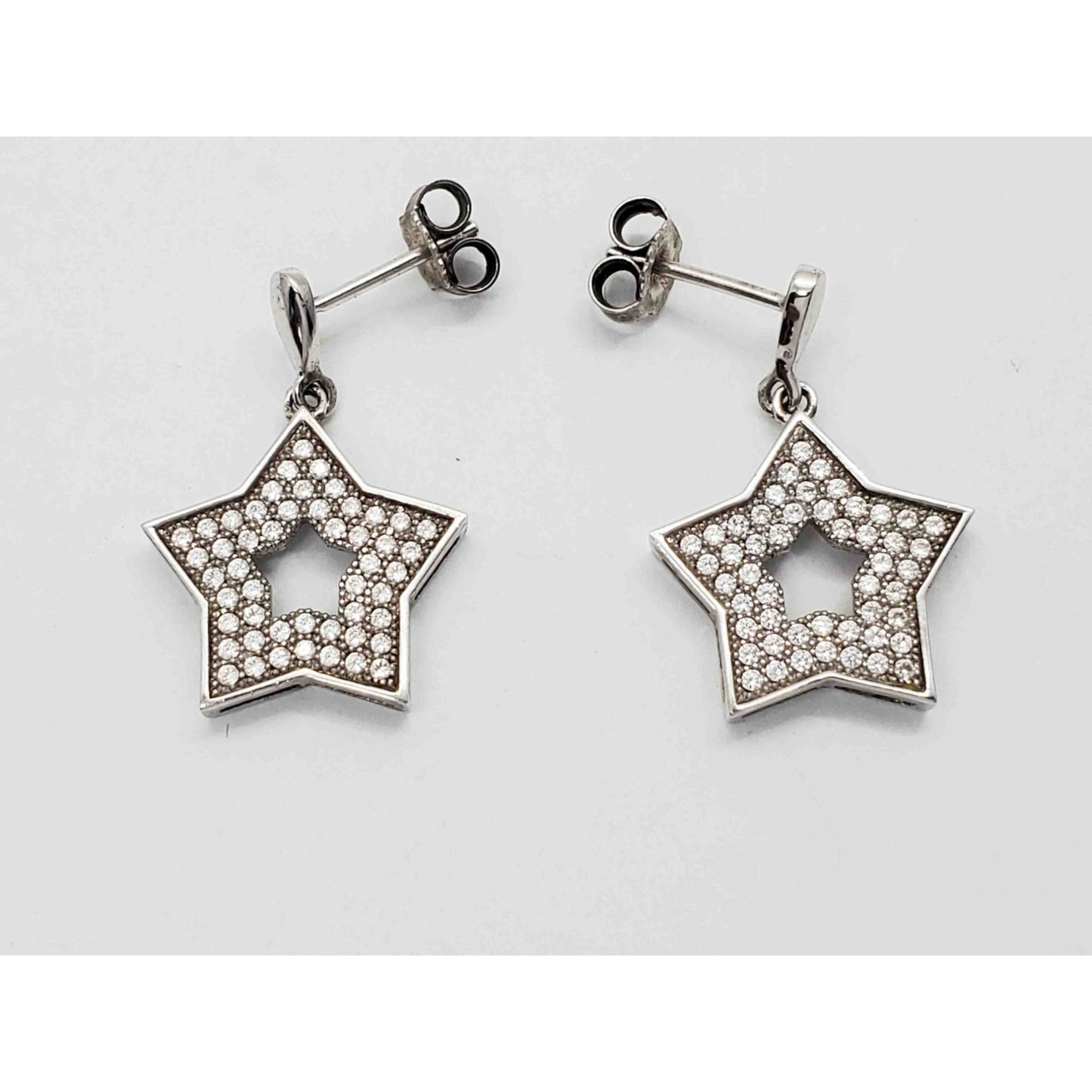 CZ Pave Open Star Drop Earrings & Pendant Set Sterling Silver
