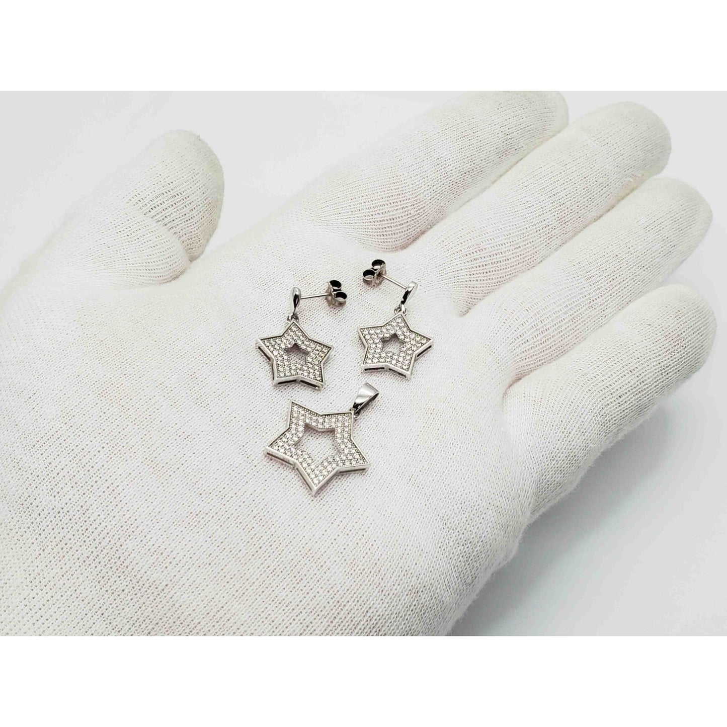 CZ Pave Open Star Drop Earrings & Pendant Set Sterling Silver