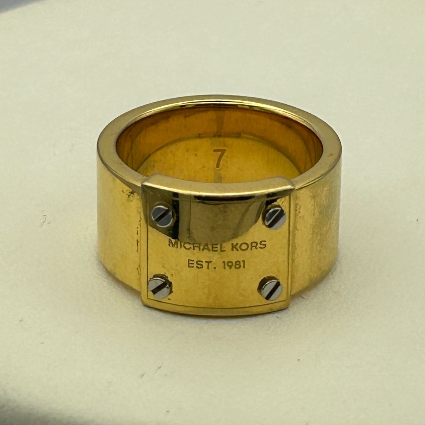 Michael Kors Gold Toned Logo Brass Wide Ring/Band SIZE 7 - MKJX2657
