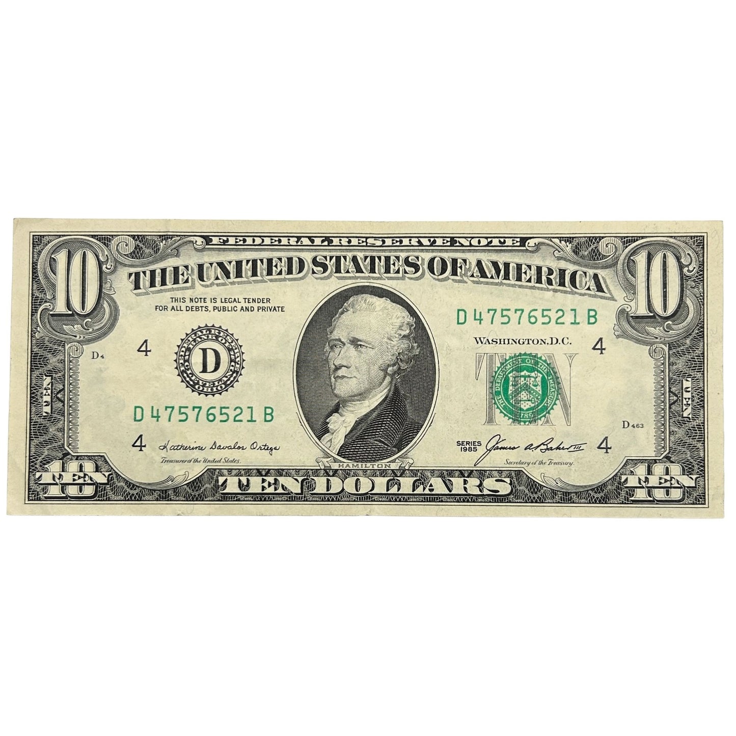 1985 $10 Ten Dollar Bill Federal Reserve Note Cleveland Ohio Vintage Currency
