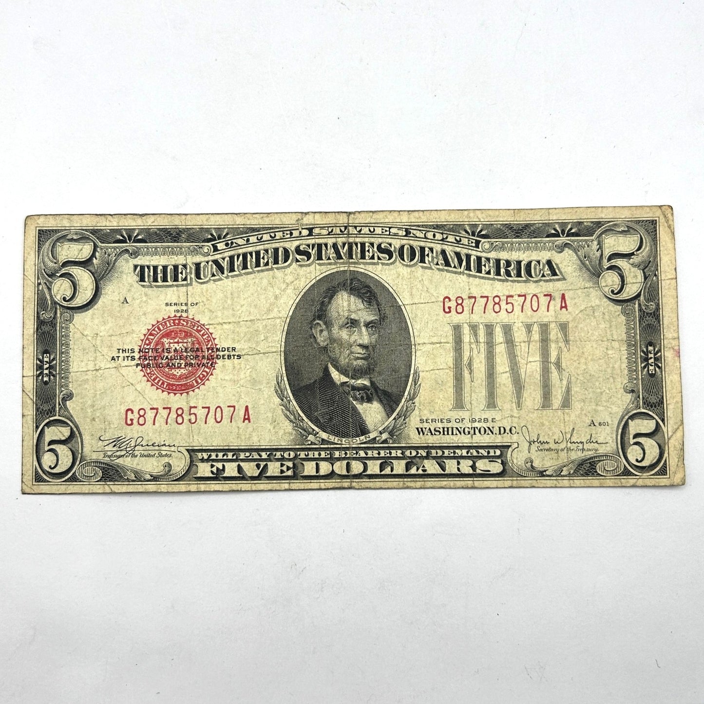 Series 1928-E 5 Dollar Bill Red Seal Circulated
