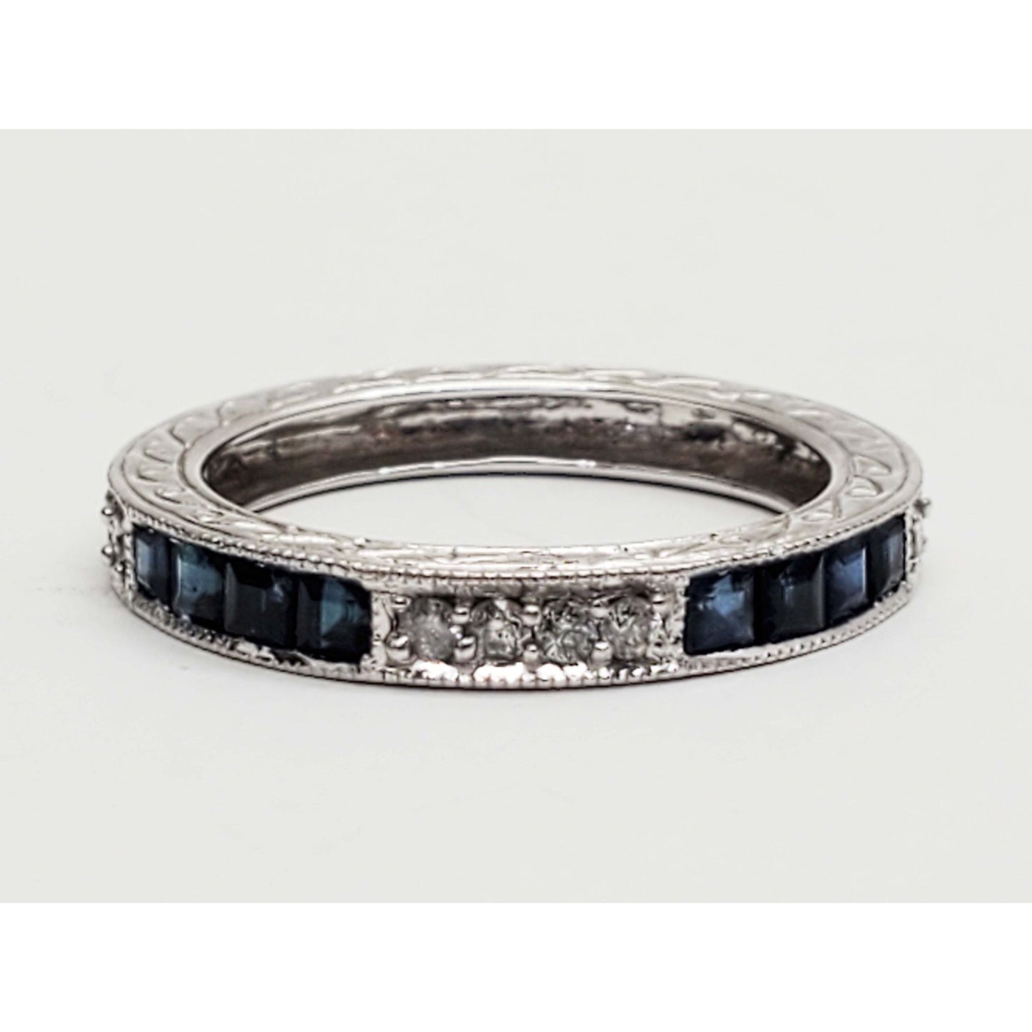 Natural Sapphire & Diamond Carved 3mm Band Ring 14k White Gold Size 7